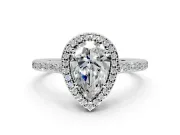 Halo Engagement Ring Setting for Pear-Shaped Center with Pave Accents, Heart Basket and Prong Head in Platinum