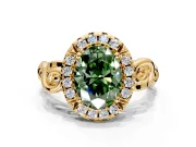 Halo Engagement Ring Setting for Fancy Green Oval Center with Open Scroll Shoulders and Prong Head in Yellow Gold