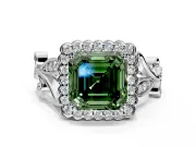Halo Engagement Ring Setting for Fancy Green Asscher Cut Center with Leaf Motif Split Shank and Prong Head in White Gold