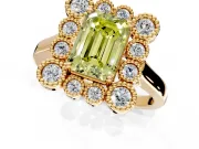 Cluster Halo Engagement Ring Setting for Fancy Yellow Emerald Cut Center with Milgrain Bezel Accents and Prong Head in Yellow Gold