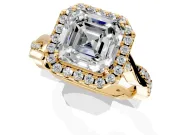 Halo Engagement Ring Setting for Asscher Cut Center with Twist Band and Prong Head in Yellow Gold