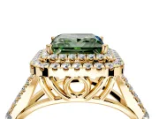 Double Halo Engagement Ring Setting for Fancy Green Princess Cut Center with Narrow Pave Split Shank and Prong Head in Yellow Gold