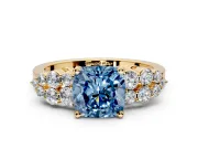 Cluster Engagement Ring Setting for Fancy Blue Cushion Cut Center with 2-Row Shoulder Clusters and Prong Head in Yellow Gold