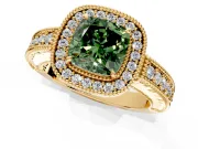 Milgrain Halo Engagement Ring Setting for Fancy Green Cushion Cut Center with Pave Band and Prong Head in Yellow Gold