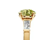 3 Stone Engagement Ring Setting for Fancy Yellow Round Cut Center with Channel Baguette Accents and Prong Head in Yellow Gold