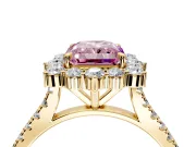 Halo Engagement Ring Setting for Fancy Pink Radiant Cut Center with Single-Row Pave, Open Basket and Prong Head in Yellow Gold