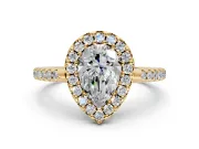 Pave Halo Engagement Ring Setting for Pear-Shaped Center with Single Row Pave Band and Prong Head in Yellow Gold