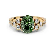 Cluster Engagement Ring Setting for Fancy Green Oval Center with Bezel Accent Clusters and Prong Head in Yellow Gold