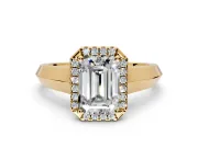 Halo Engagement Ring Setting for Emerald Cut Center with Knife Ridge Cathedral Band and Prong Head in Yellow Gold
