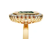 Halo Engagement Ring Setting for Fancy Green Emerald Cut Center with Milgrain Bezel Rim, Plain Band and Prong Head in Yellow Gold