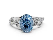 Leaf Motif Engagement Ring Setting for Fancy Blue Oval Center with Pave Band and Prong Head in Platinum