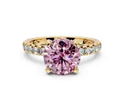 Solitaire Engagement Ring Setting for Fancy Pink Round Cut Center with Shared-Prong Accents and Prong Head in Yellow Gold