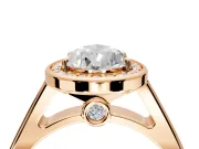 Halo Engagement Ring Setting for Pear-Shaped Center with Outer Bezel Rim, Pave Band and Prong Head in Rose Gold