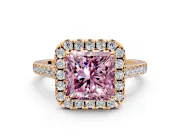 Halo Engagement Ring Setting for Fancy Pink Princess Cut Center with Narrowing Pave Band and Prong Head in Rose Gold