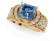 Pave Engagement Ring Setting for Fancy Blue Princess Cut Center with Curved Accent Rows, Openwork and Prong Head in Yellow Gold