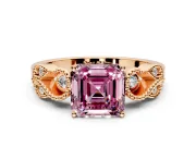 Leaf Engagement Ring Setting for Fancy Pink Asscher Cut Center with Milgrain Accent Band and Prong Head in Rose Gold