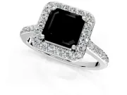 Halo Engagement Ring Setting for Fancy Black Asscher Cut Center with Pave Accents, Heart Basket and Prong Head in Sterling Silver