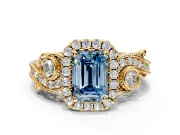 Milgrain Halo Engagement Ring Setting for Fancy Blue Emerald Cut Center with Shoulder Bezels and Prong Head in Yellow Gold