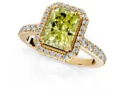 Halo Engagement Ring Setting for Fancy Yellow Radiant Cut Center with Inner Milgrain Border and Prong Head in Yellow Gold