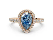 Halo Engagement Ring Setting for Fancy Blue Pear-Shaped Center with Inner Milgrain Border and Prong Head in Rose Gold