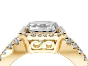 Halo Engagement Ring Setting for Asscher Cut Center with Wide-Open Pave Split Shank and Prong Head in Yellow Gold