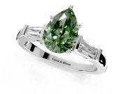 3 Stone Engagement Ring Setting for Fancy Green Pear-Shaped Center with Channel Baguette Accents and Prong Head in White Gold