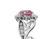 Halo Engagement Ring Setting for Fancy Pink Cushion Cut Center with Leaf Motif Split Shank and Prong Head in Platinum