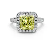 Halo Engagement Ring Setting for Fancy Yellow Princess Cut Center with Narrowing Pave Band and Prong Head in Platinum