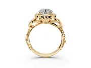 Halo Engagement Ring Setting for Round Cut Center with Open Scroll Shoulders and Prong Head in Yellow Gold