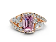 Halo Engagement Ring Setting for Fancy Pink Emerald Cut Center with Marquise and Pave Bypass Band and Prong Head in Rose Gold