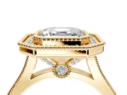Halo Engagement Ring Setting for Asscher Cut Center with Milgrain Frame, Pave Band and Prong Head in Yellow Gold