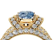 Pave Engagement Ring Setting for Fancy Blue Cushion Cut Center with Curved Accent Rows, Openwork and Prong Head in Yellow Gold