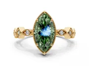 Milgrain Bezel Engagement Ring Setting for Fancy Green Marquise Center with Marquise Stations and Bezel Head in Yellow Gold