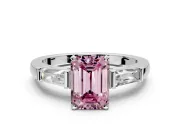 3 Stone Engagement Ring Setting for Fancy Pink Emerald Cut Center with Tapered Baguettes, Plain Band and Prong Head in Platinum