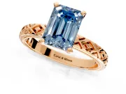 Solitaire Engagement Ring Setting for Fancy Blue Emerald Cut Center with Milgrain X Pattern Band and Prong Head in Rose Gold