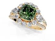 Halo Engagement Ring Setting for Fancy Green Cushion Cut Center with Two-Strand Split Shank and Prong Head in Yellow Gold