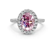 Halo Engagement Ring Setting for Fancy Pink Oval Center with Narrowing Pave Band and Prong Head in White Gold