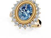 Halo Engagement Ring Setting for Fancy Blue Oval Center with Milgrain Bezel Rim, Plain Band and Prong Head in Yellow Gold