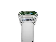 3 Stone Engagement Ring Setting for Fancy Green Emerald Cut Center with Raised Basket Heads and Prong Head in White Gold
