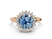 Starburst Halo Engagement Ring Setting for Fancy Blue Round Cut Center with Thin Round-Wire Band and Prong Head in Rose Gold