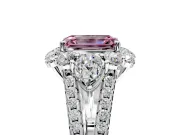 Halo Engagement Ring Setting for Fancy Pink Emerald Cut Center with Two-Strand Split Shank and Prong Head in Platinum