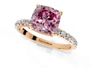 Solitaire Engagement Ring Setting for Fancy Pink Cushion Cut Center with Micro Pave Band and Prong Head in Rose Gold