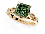Solitaire Engagement Ring Setting for Fancy Green Princess Cut Center with Marquise and Bezel Accents and Prong Head in Yellow Gold