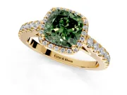 Halo Engagement Ring Setting for Fancy Green Cushion Cut Center with Full Pave Band and Prong Head in Yellow Gold