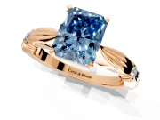 Solitaire Engagement Ring Setting for Fancy Blue Radiant Cut Center with Carved Leaf Shoulders and Prong Head in Rose Gold