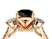 3 Stone Engagement Ring Setting for Fancy Black Cushion Cut Center with Crossover Basket, Pave Band and Prong Head in Rose Gold