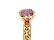 Solitaire Engagement Ring Setting for Fancy Pink Cushion Cut Center with Scrollwork Band and Prong Head in Yellow Gold