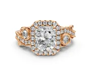 Milgrain Halo Engagement Ring Setting for Radiant Cut Center with Shoulder Bezels and Prong Head in Rose Gold