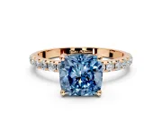 Solitaire Engagement Ring Setting for Fancy Blue Cushion Cut Center with Micro Pave Band and Prong Head in Rose Gold