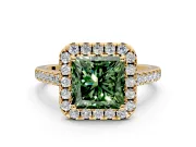 Halo Engagement Ring Setting for Fancy Green Princess Cut Center with Raised Halo, Pave Band and Prong Head in Yellow Gold